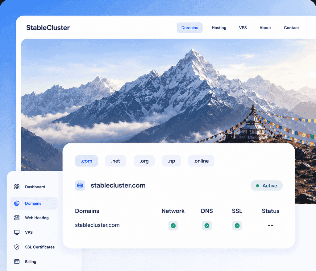 Nepal mountain website with domain extensions and a StableCluster domain management dashboard
