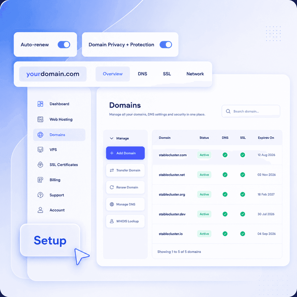 StableCluster domain manager showing domain status, DNS, SSL, renewals, and security controls